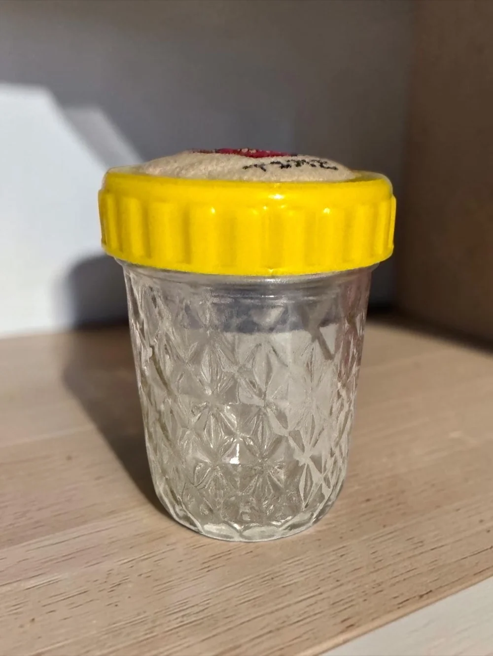 Ball Quilted Crystal Glass Jar Pincushion Lid Tea Time Cross Stitch Sew Storage